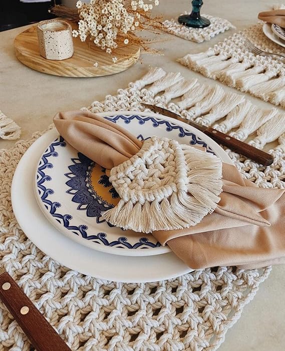 Macrame Set Of Coasters, Placement Mats And Napkin Holder - Leechoo